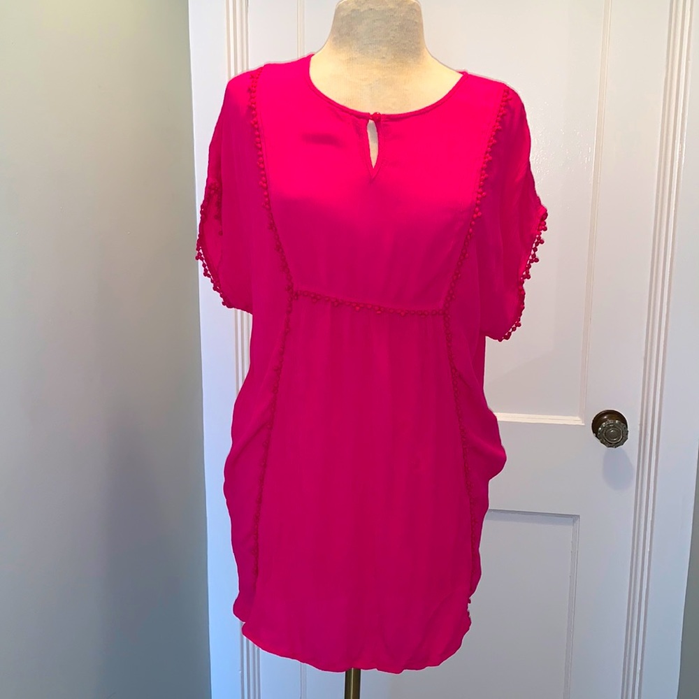 Like New Barbie Pink Twiggy London Gauze Tunic Top with Pom Pom Trim Size Small